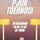 Banner voor een pjuktoernooi in sporthal De Twine op donderdag 28-12-2023