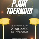 Banner voor een pjuktoernooi in sporthal De Twine op vrijdag 02-01-2026